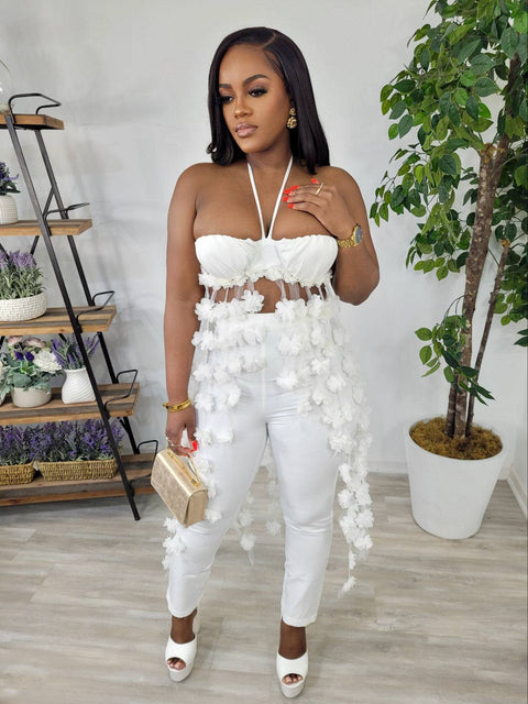 Flower Trim Pants Set (White)