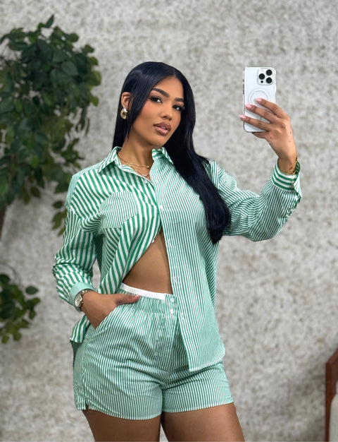 Count Me In Pin Stripe Shorts Set (Green White) - Fitz Clothing
