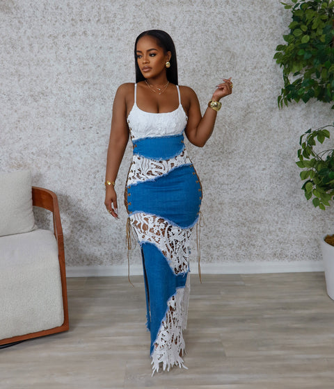 Lace Me Up Maxi dress (Dark Denim) - Fitz Clothing