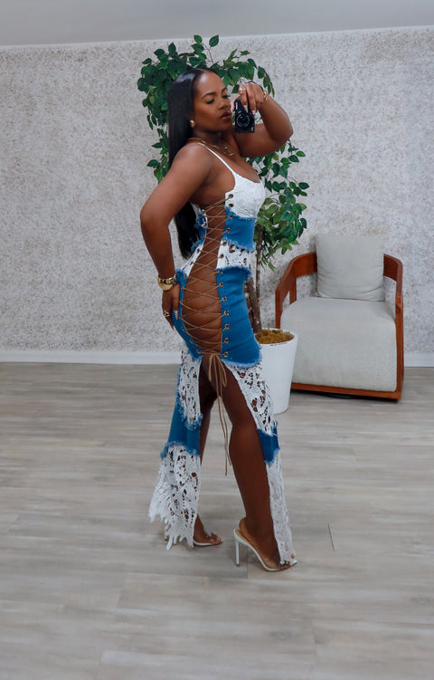 Lace Me Up Maxi dress (Dark Denim) - Fitz Clothing