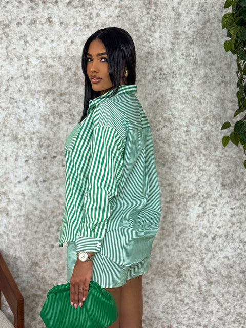 Count Me In Pin Stripe Shorts Set (Green White) - Fitz Clothing