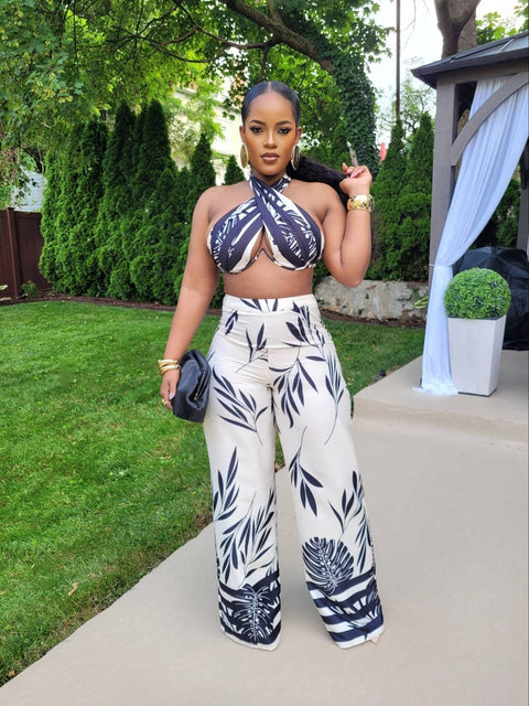 LUXE DELIGHT LEAF PRINT PANTS SET (BLACK) - Fitz Clothing