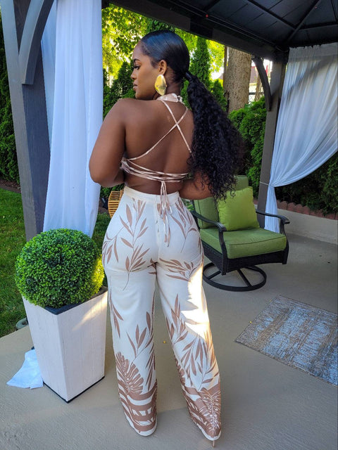 LUXE DELIGHT LEAF PRINT PANTS SET (BROWN) - Fitz Clothing