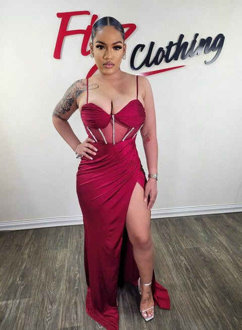 Moscato Deep Split Gown (Wine) - Fitz Clothing