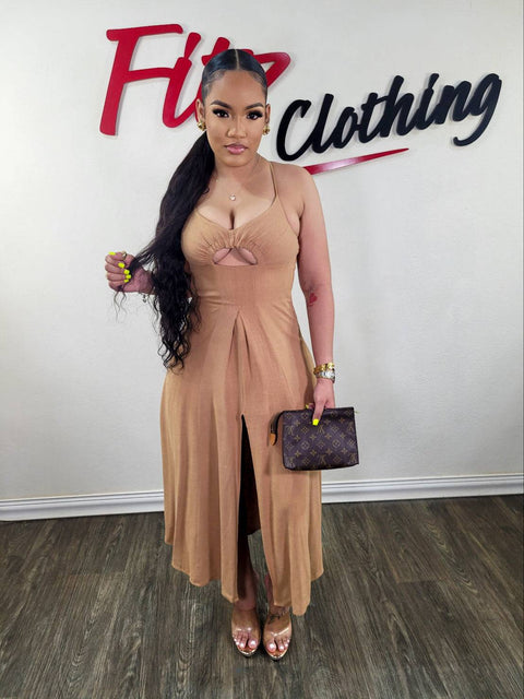Slit Front Midi Dress (Mocha) - Fitz Clothing