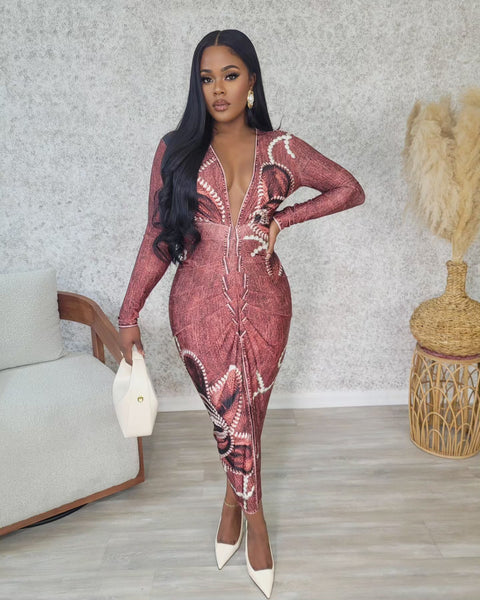 Jaxonne Chic Midi Dress (Rust/Red) - Fitz Clothing