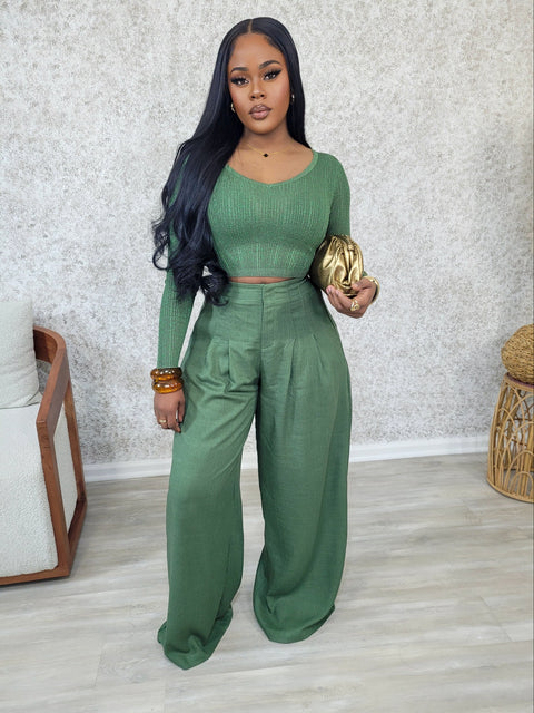 Glitzy Linen Pants Set (Olive) - Fitz Clothing