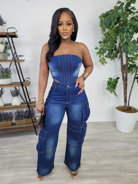 Got It Good Cargo Pants Set (Dark Denim) - Fitz Clothing