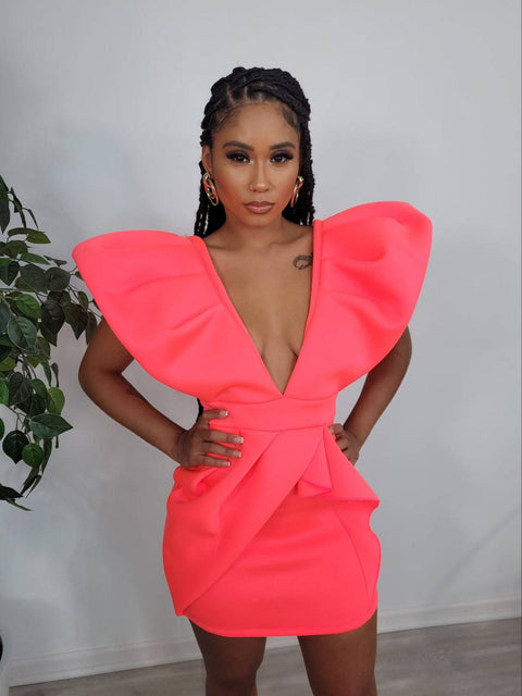 Head Turner Puff Sleeve Mini (Coral Neon) - Fitz Clothing