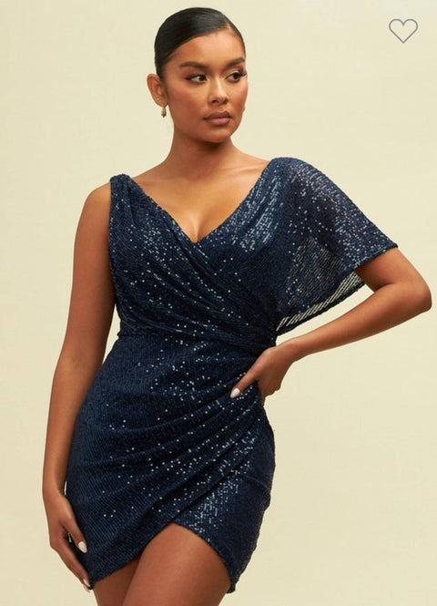 Assym Sequin Mini Dress (Navy)